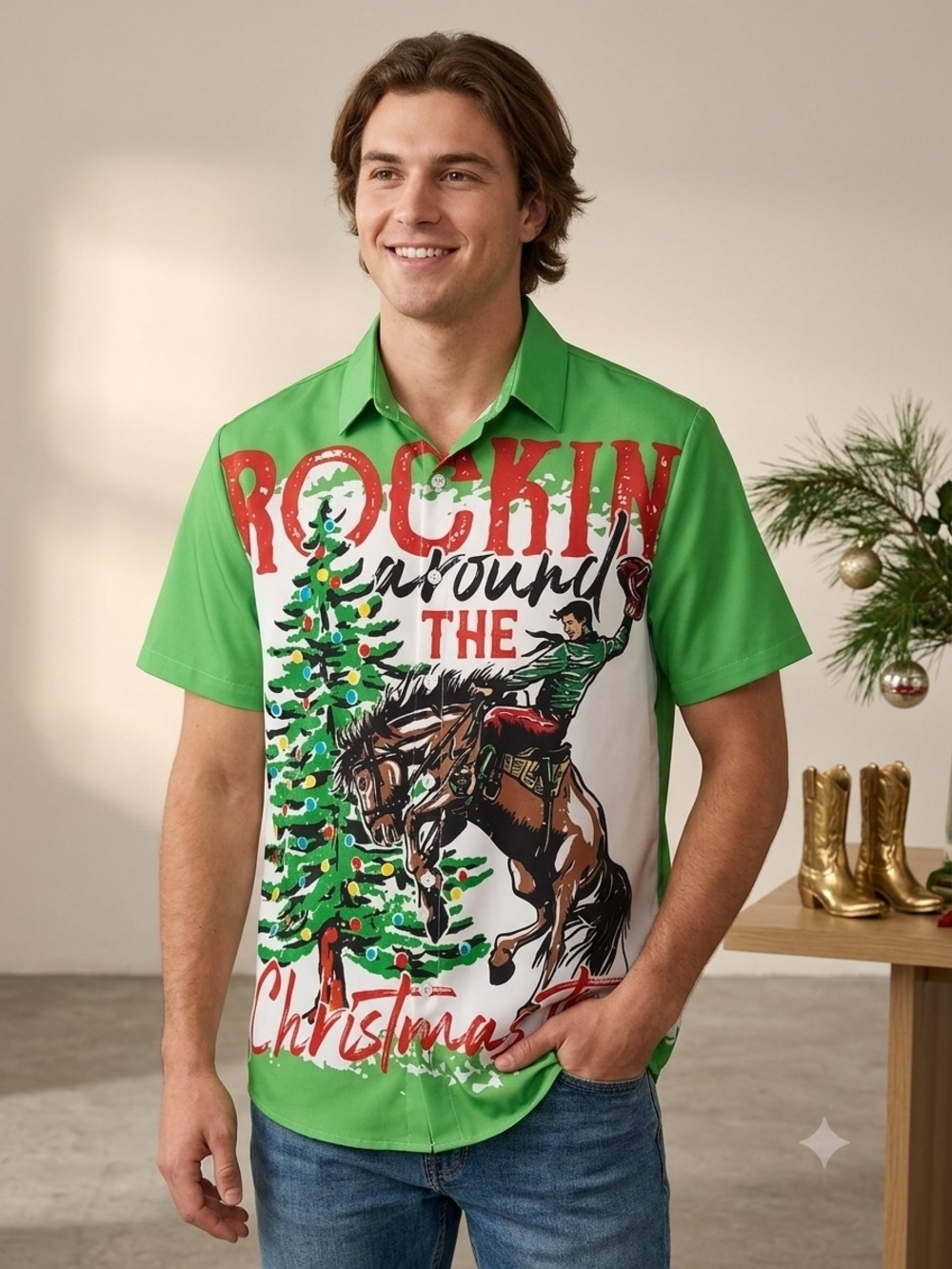 Rockin Around the Christmas Tree Rodeo Button Down shirt    Size M.     MS 32